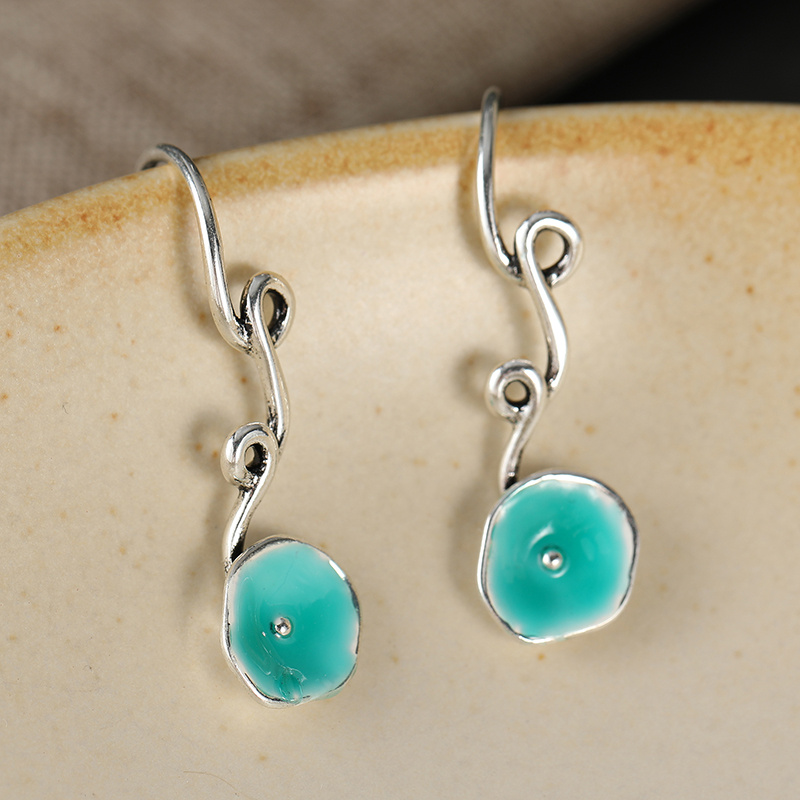 Women's Vintage Lake Blue Enamel Earrings, Fresh Forest Style